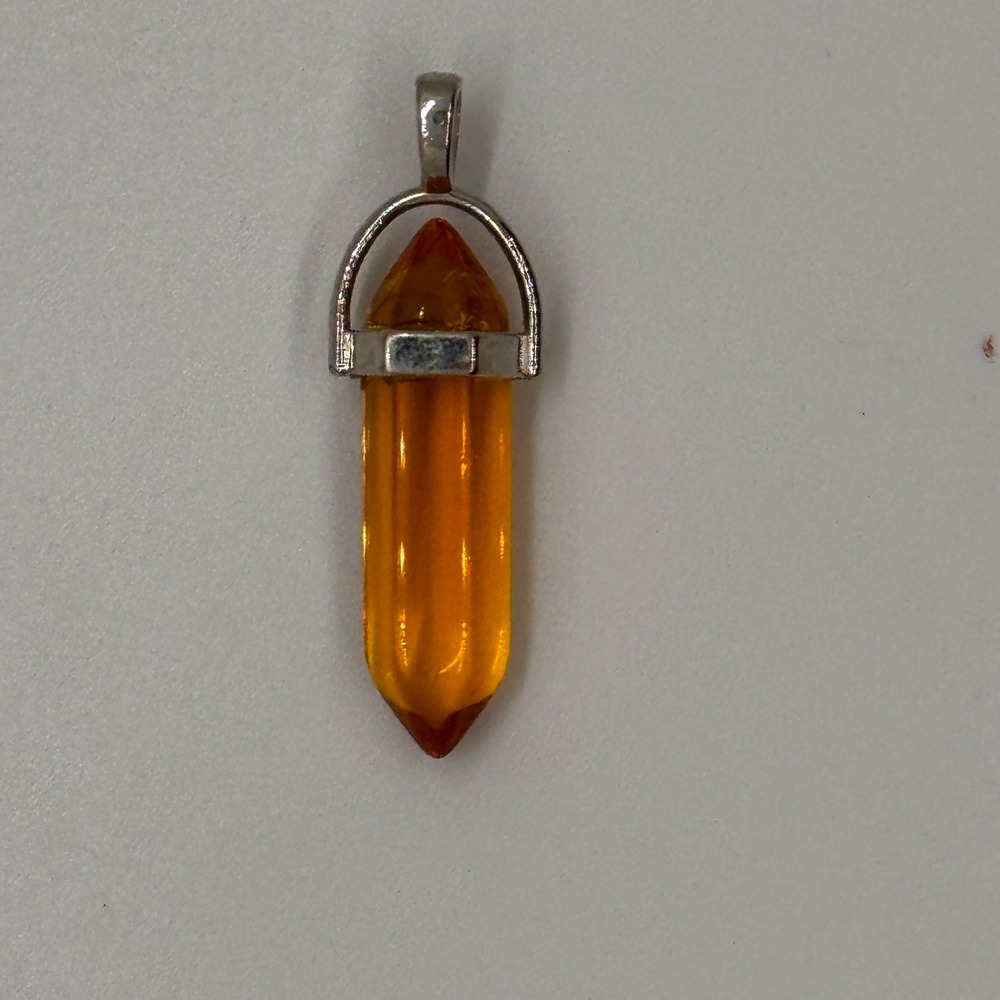 Amber Orange Hexagonal Crystal Point Pendant Silver Tone Bail Bullet Charm